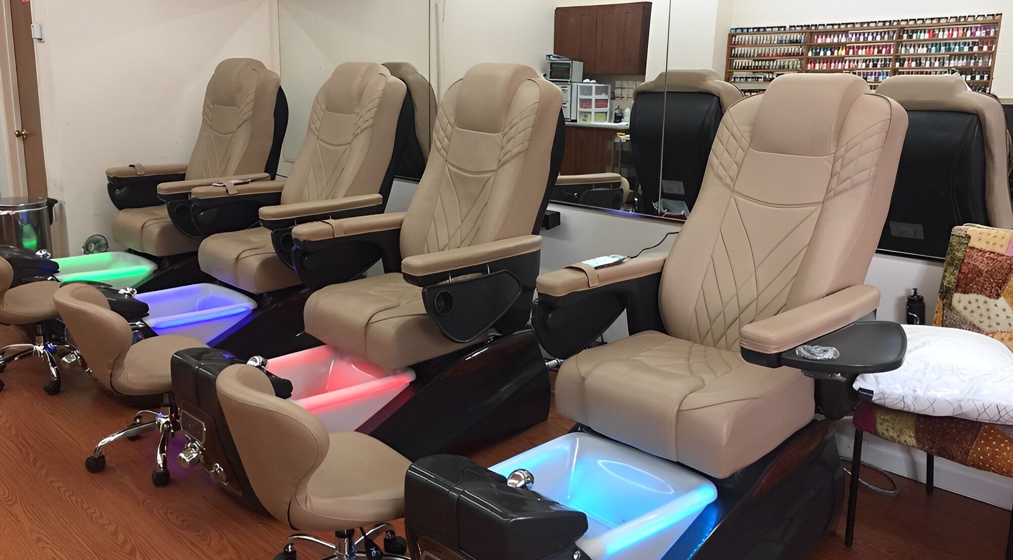 Luxurious pedicure chairs at Classic Organic Nail Spa, Pinole, California, US for ultimate relaxation.