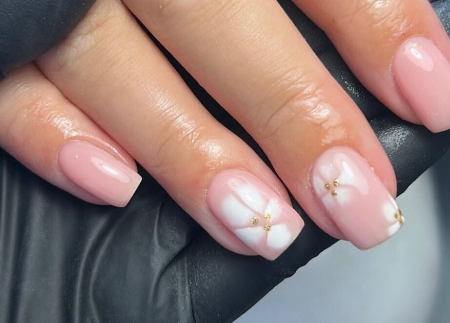 Pink floral nail design at Image Beauty in Bearsden, Scotland, GB.