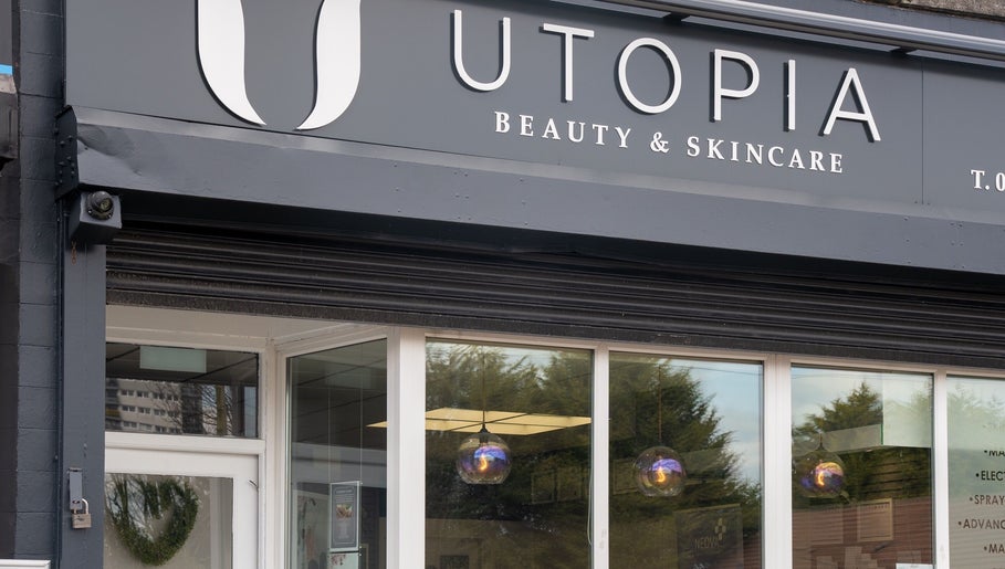 Entrance of Utopia Beauty and Skincare Belfast, located in Castlereagh, Northern Ireland, GB.