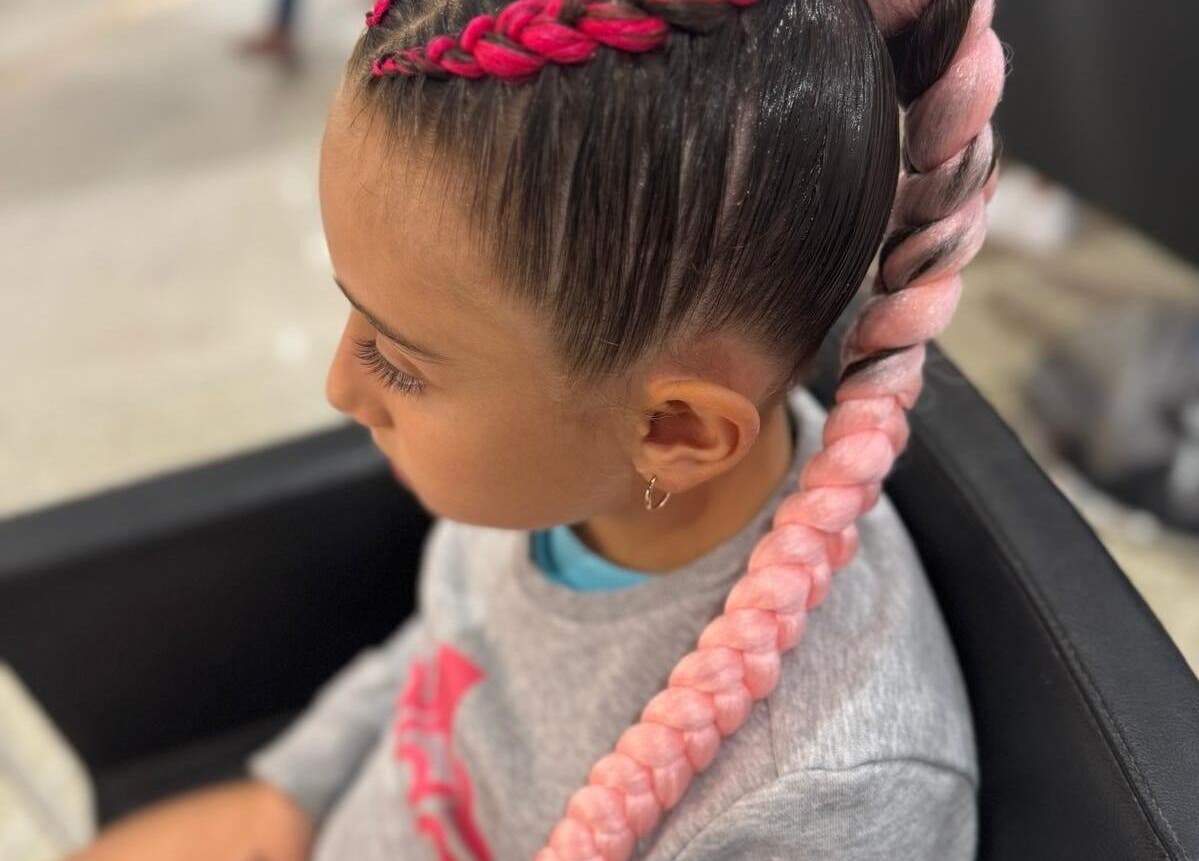 Pink braided hairstyle at S Braid Bar - Westfield Liverpool, Liverpool, New South Wales, AU.