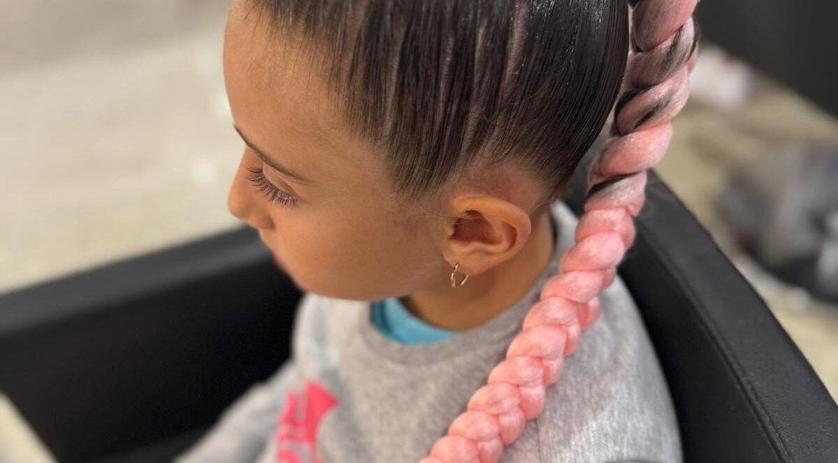 Pink braided hairstyle at S Braid Bar - Westfield Liverpool, Liverpool, New South Wales, AU.