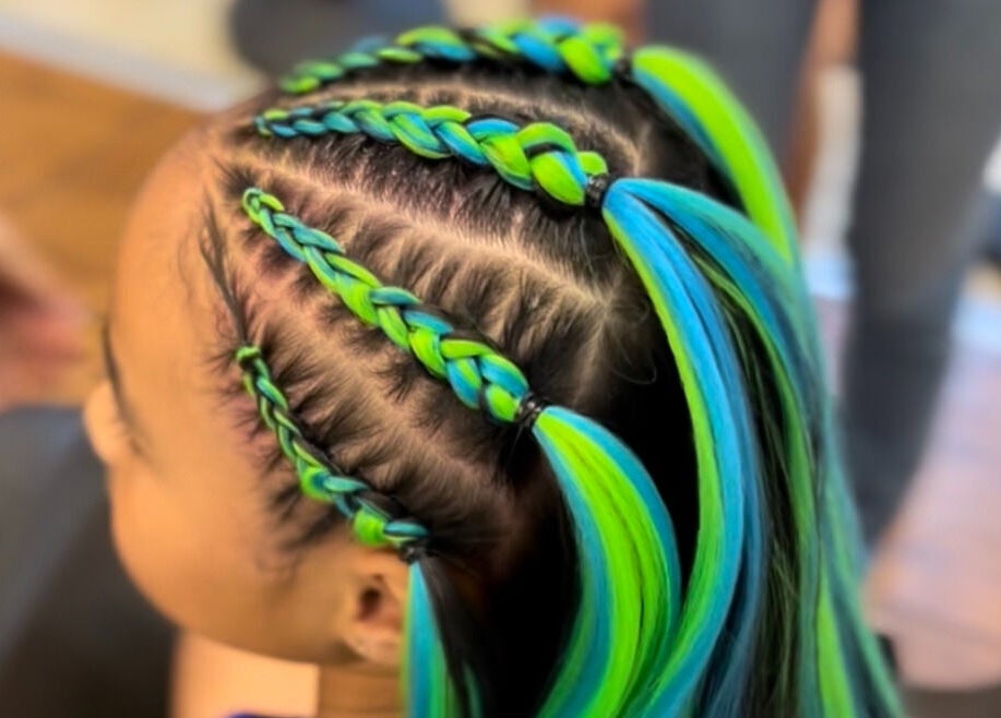 Colorful braided hairstyle at Sydney Braid Bar - Rouse Hill, Rouse Hill, New South Wales, AU.