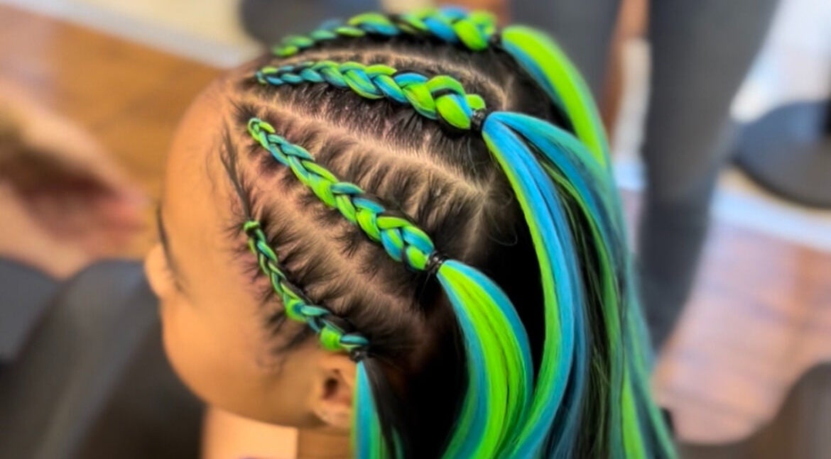 Colorful braided hairstyle at Sydney Braid Bar - Rouse Hill, Rouse Hill, New South Wales, AU.