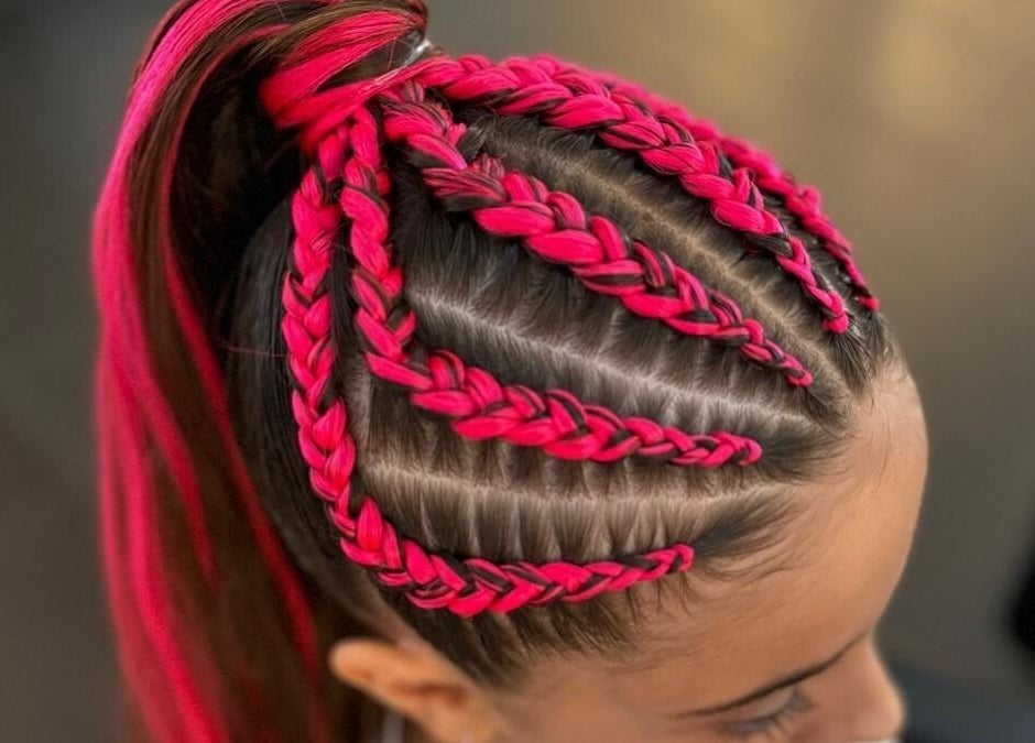 Intricate pink braided hairstyle at Sydney Braid Bar - Rouse Hill in Rouse Hill, New South Wales, AU.