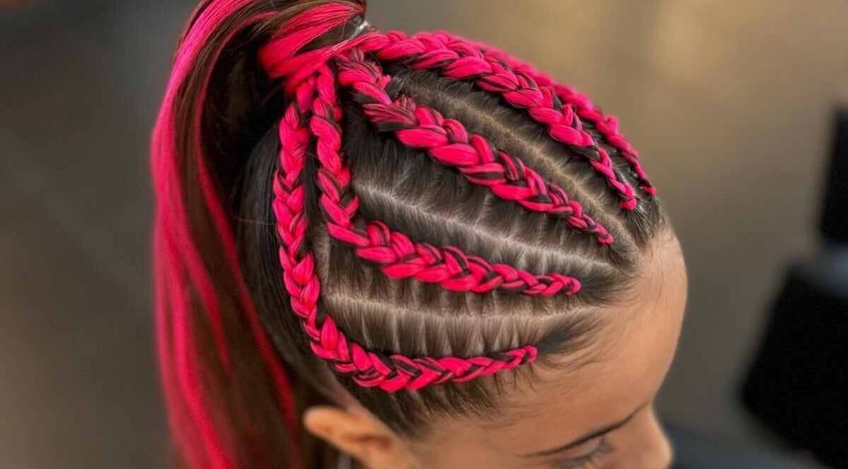 Intricate pink braided hairstyle at Sydney Braid Bar - Rouse Hill in Rouse Hill, New South Wales, AU.