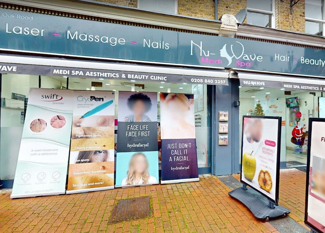 Front view of Nu Wave Laser Clinic, London, England, GB, showcasing beauty and wellness services.