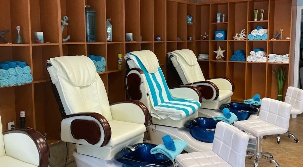Luxurious pedicure chairs at Ocean Blue Day Spa in Port Alberni, BC offering a serene beauty experience.