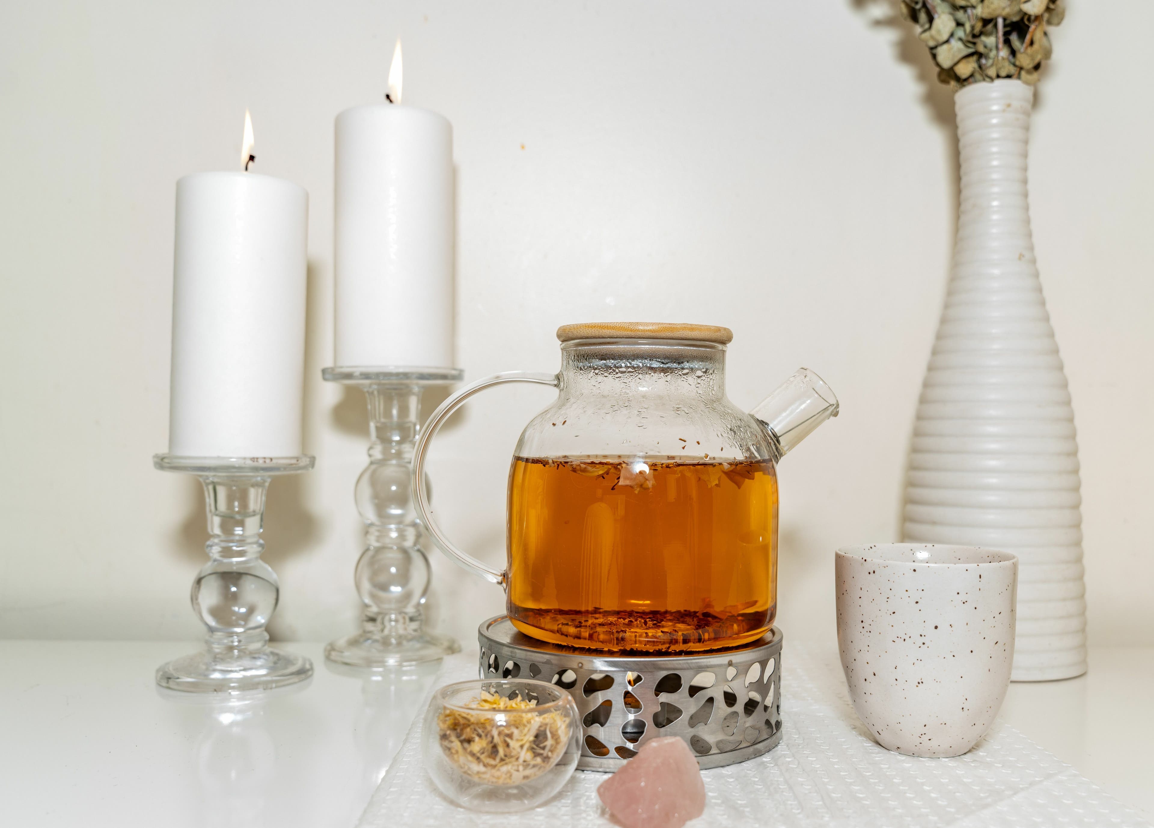 Relaxing tea setup with candles at Nature's Beauty Secrets, Melbourne, Victoria, AU.