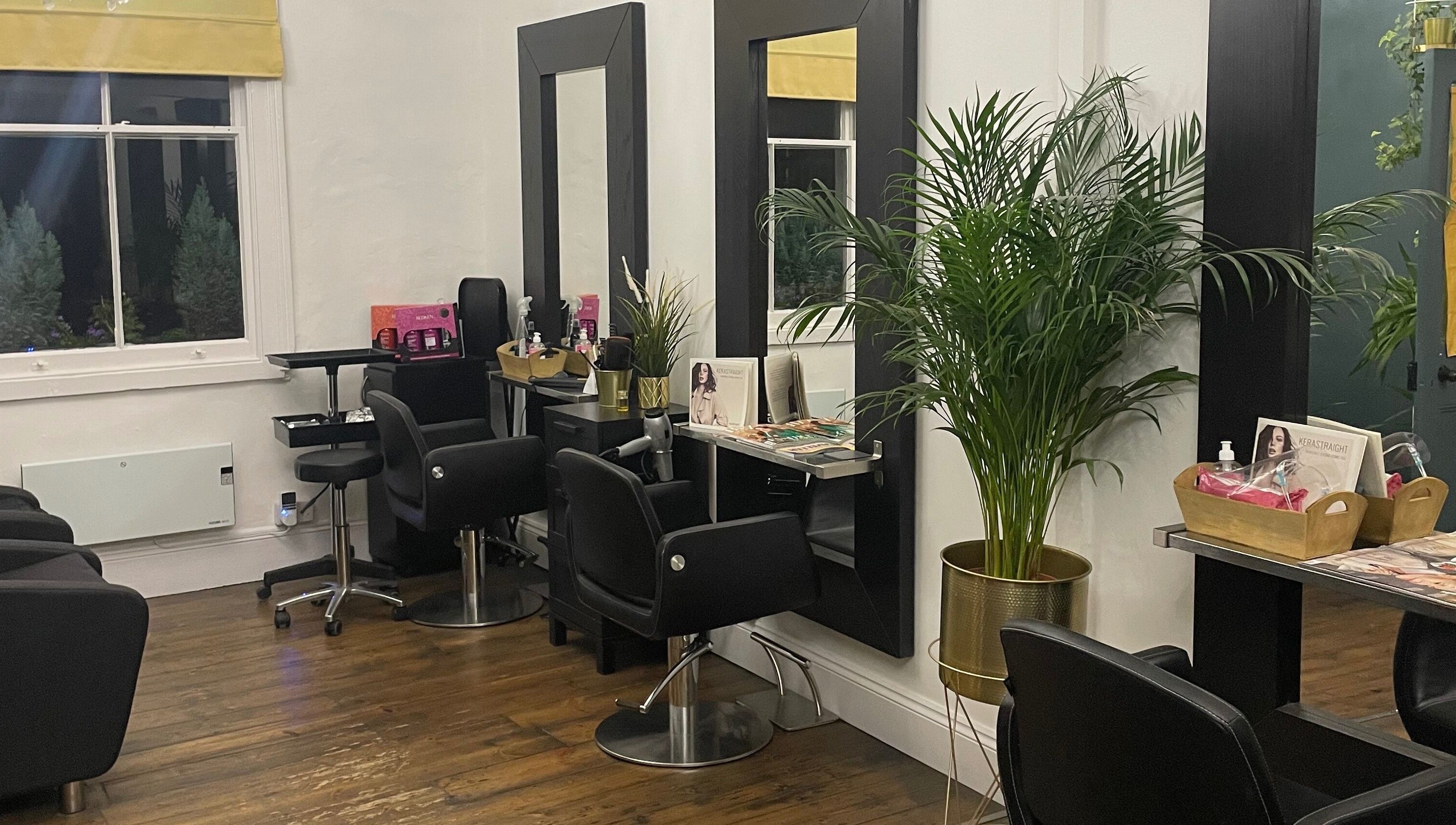 Modern salon chairs and decor at Jane Edwards in London, England, GB showcasing a stylish and inviting atmosphere.