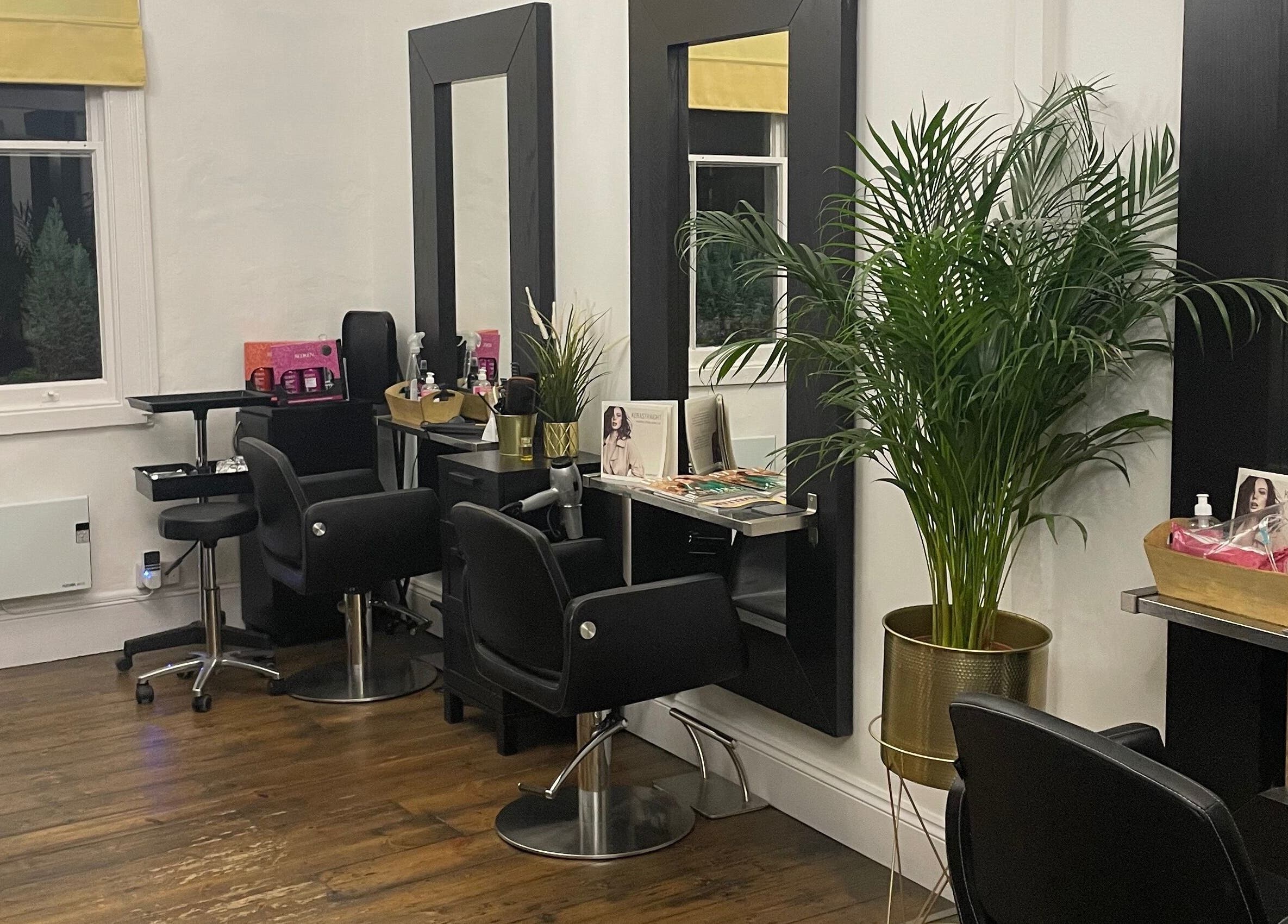 Modern salon chairs and decor at Jane Edwards in London, England, GB showcasing a stylish and inviting atmosphere.