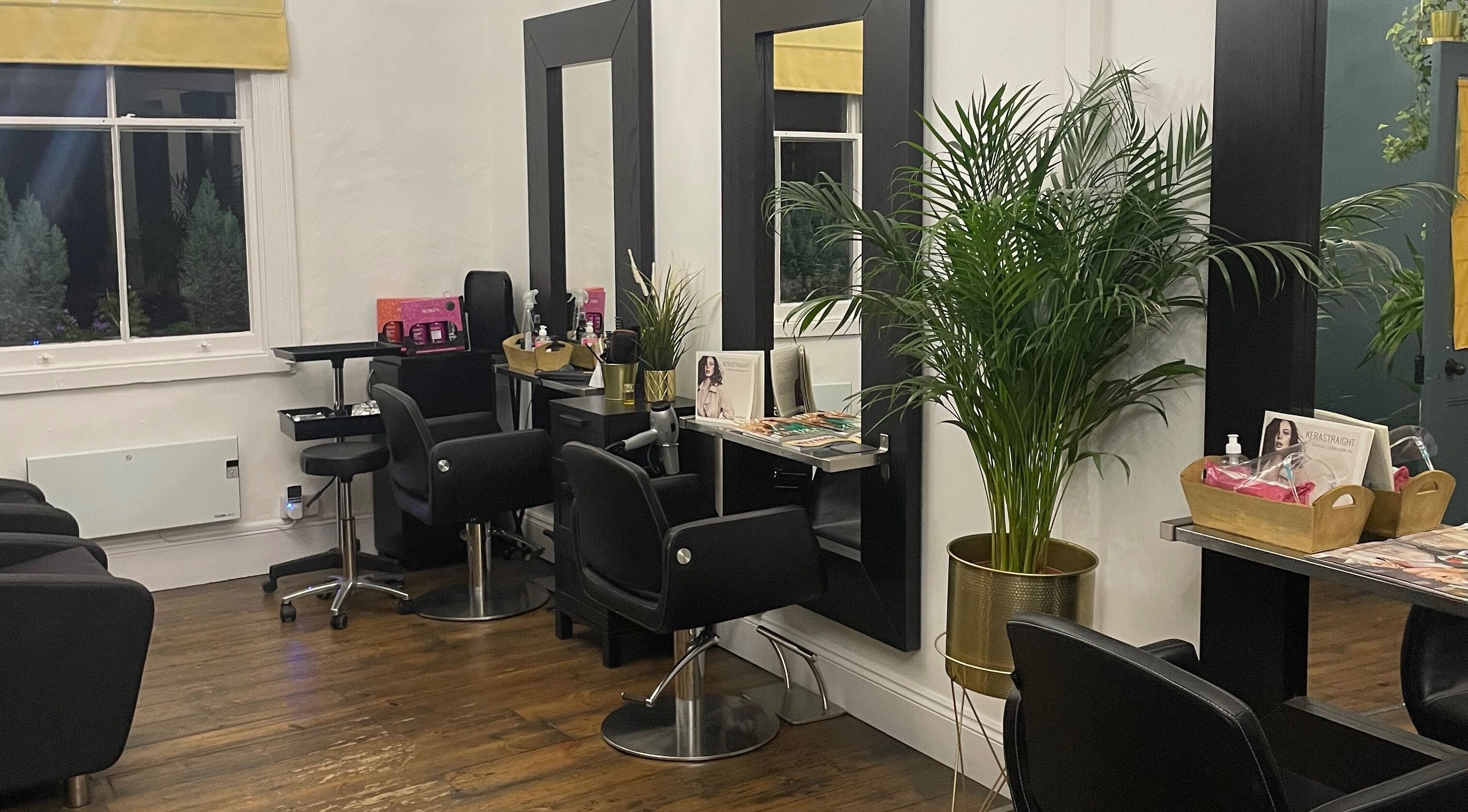 Modern salon chairs and decor at Jane Edwards in London, England, GB showcasing a stylish and inviting atmosphere.