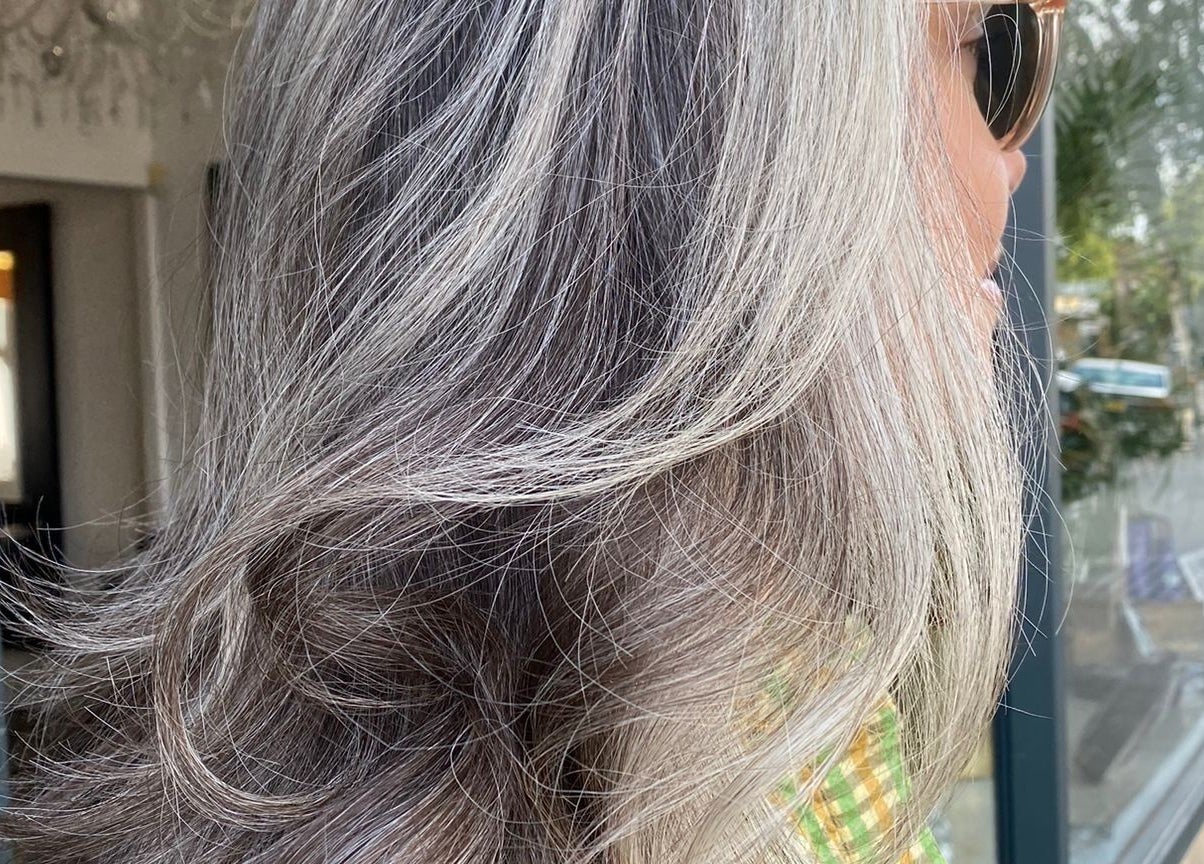 Close-up of stylish silver hair at Jane Edwards salon, London, England, GB.