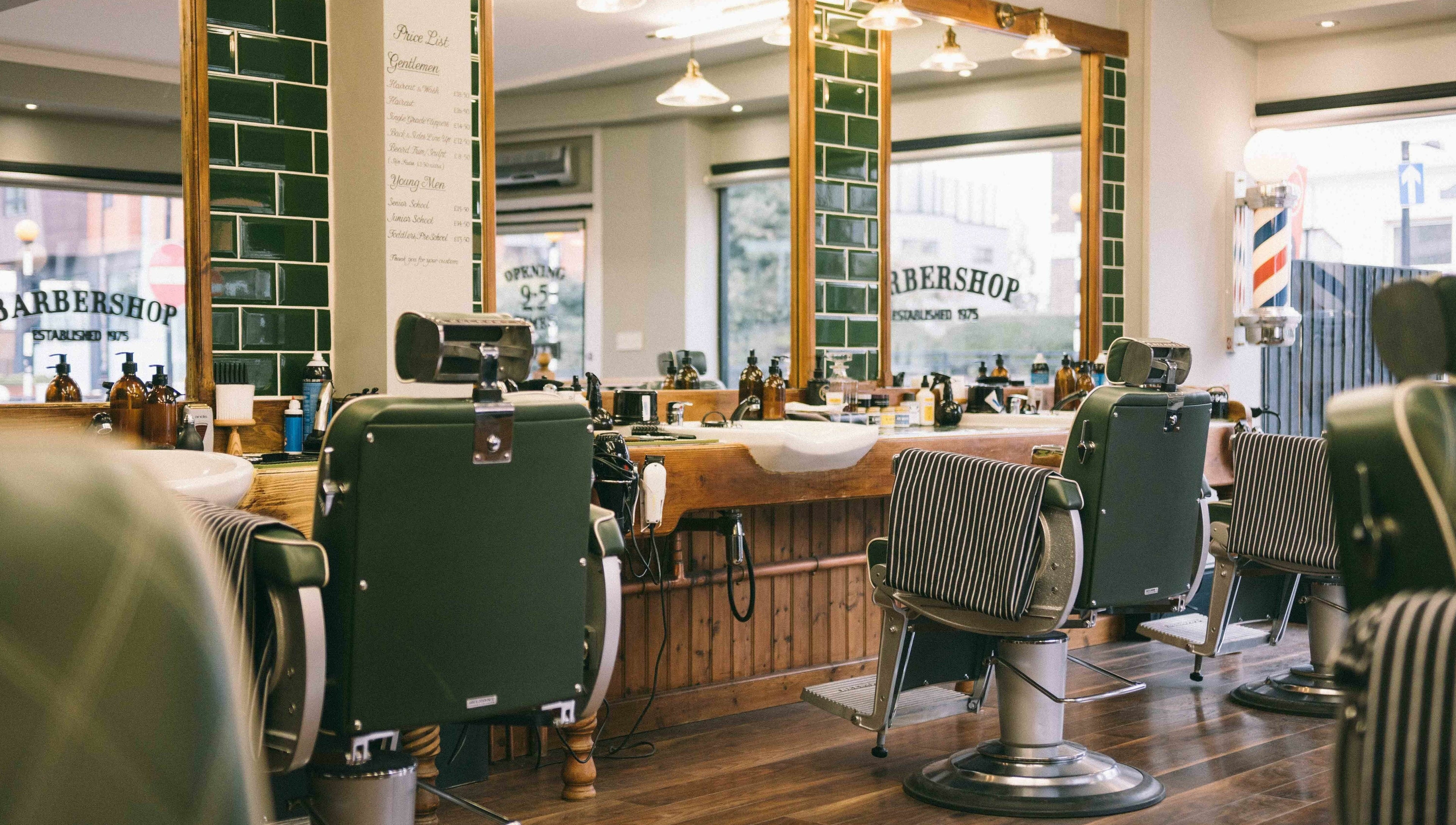 Robert Williams Barbershop interior with vintage chairs in Southend-on-Sea, England, GB.