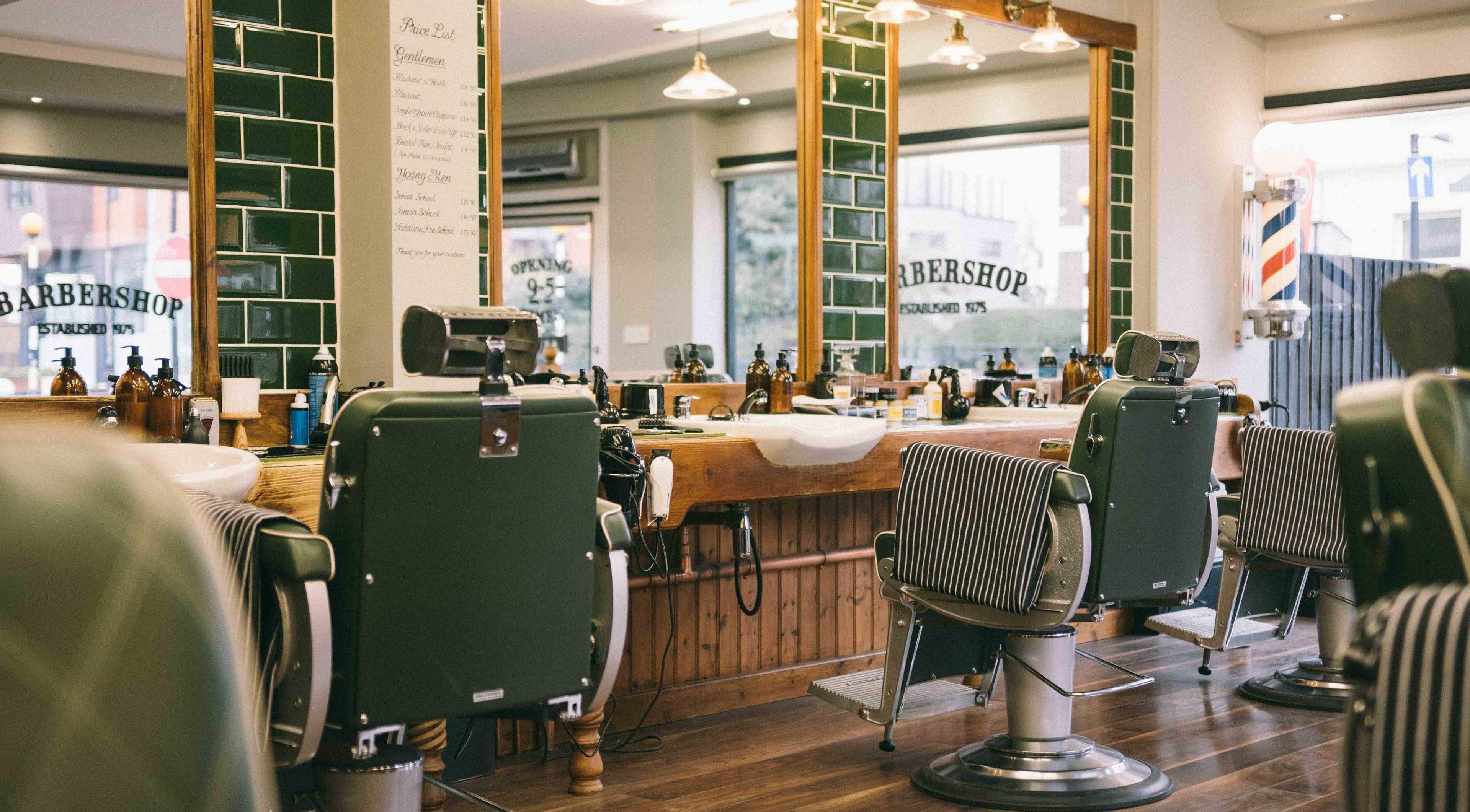 Robert Williams Barbershop interior with vintage chairs in Southend-on-Sea, England, GB.