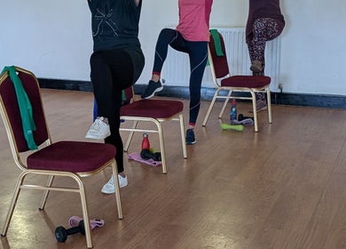 Participants enjoy a chair-based workout at Kerrie’s PMA fitness in Tenby, Wales, GB.