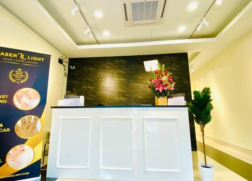 Reception area at Laser Light Skin Centre Shah Alam with floral decor, Shah Alam, Selangor, MY.