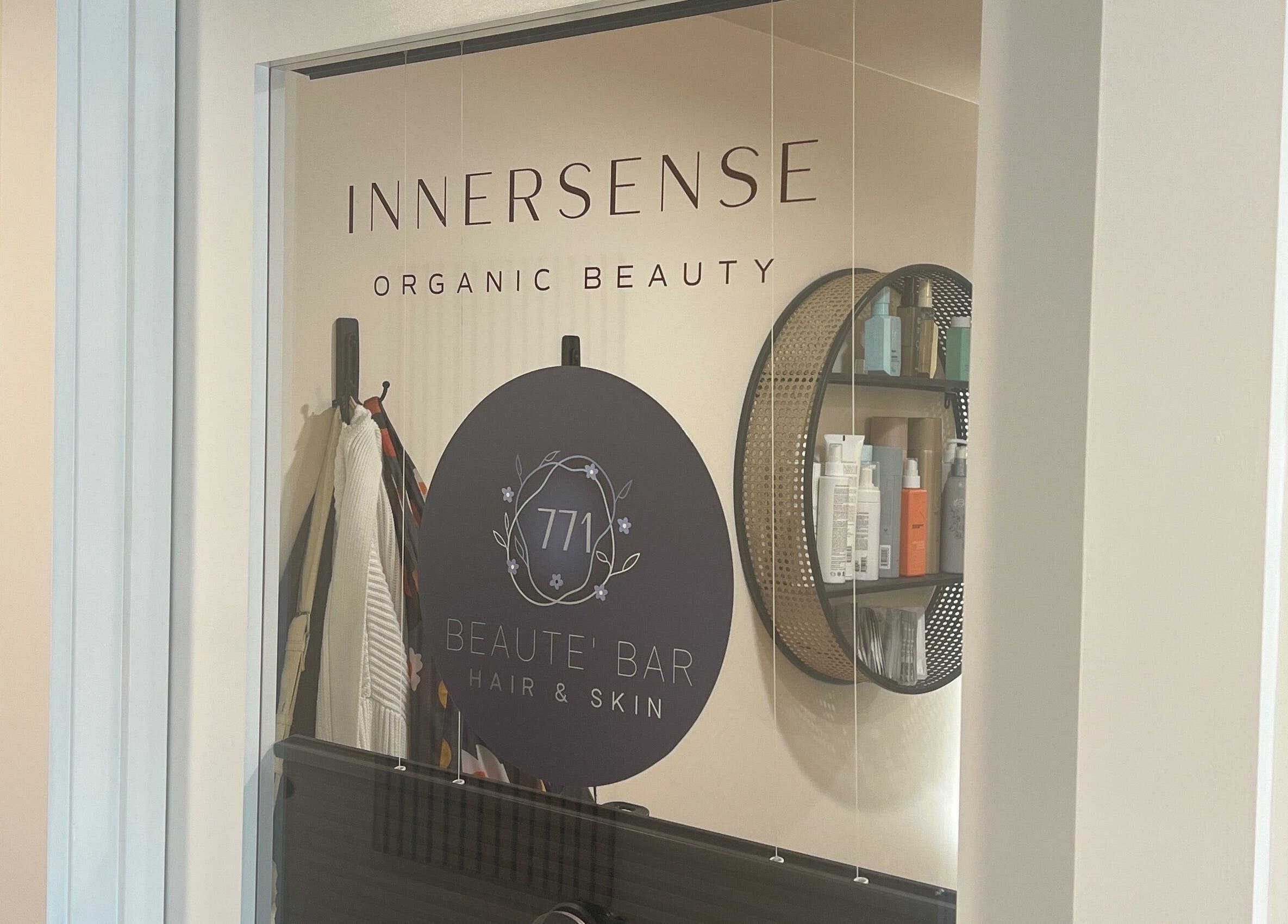 Entrance of 771 Beaute’ Bar, Buxton, Maine, US, showcasing organic beauty products.