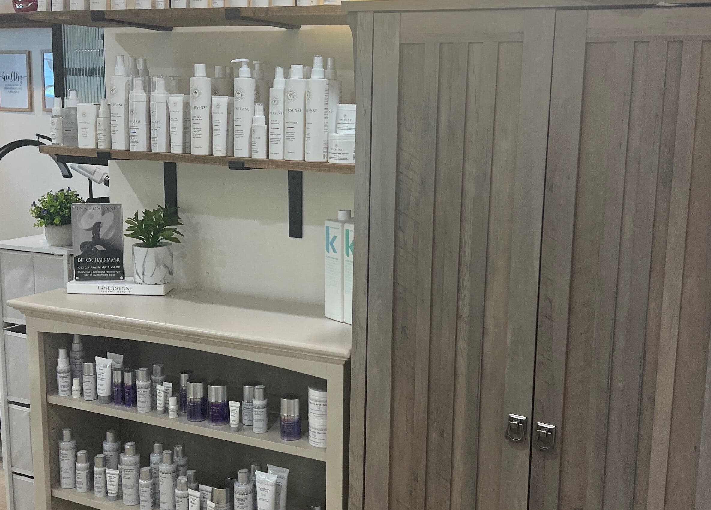 Product display at 771 Beaute’ Bar in Buxton, Maine showcasing premium beauty essentials.
