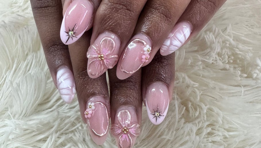 Elegant floral nail art at Blushed On! Nails&Beauty Verulam, Verulam, KwaZulu-Natal, ZA.