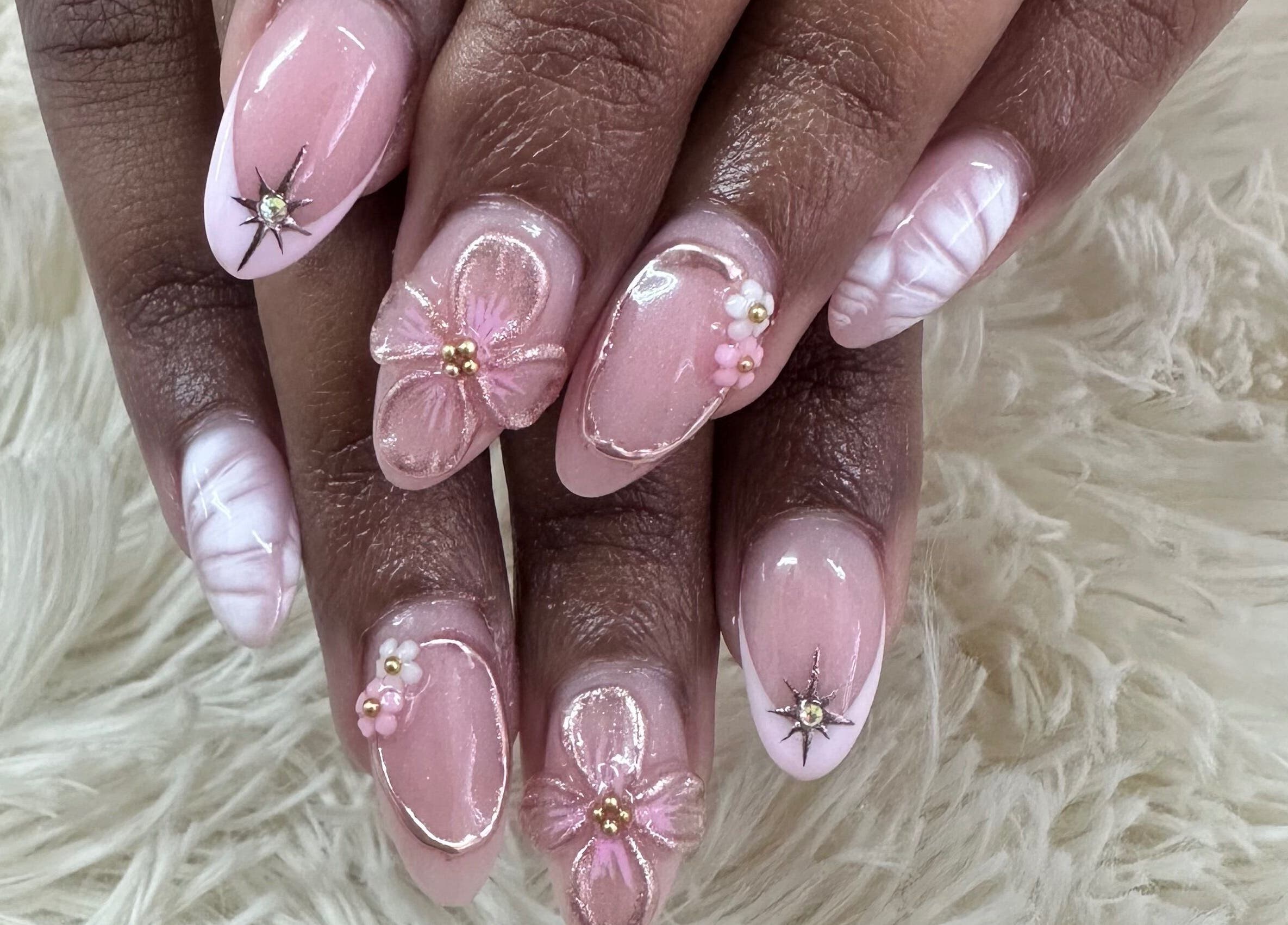 Intricate floral nail art at Blushed On! Nails&Beauty Verulam, Verulam, KwaZulu-Natal, ZA.