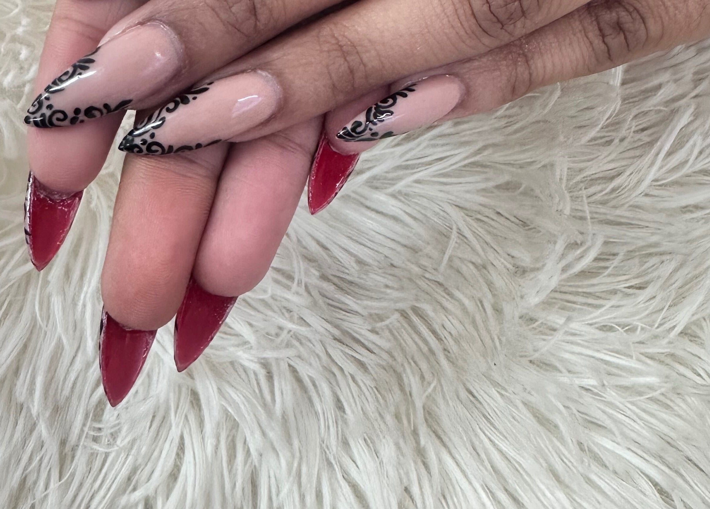 Intricate red and black nail art at Blushed On! Nails&Beauty Verulam, Verulam, KwaZulu-Natal, ZA.