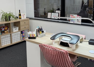 Chic nail station at Just Gelled Nails & Education in Halesowen, England, GB with modern decor and tools.