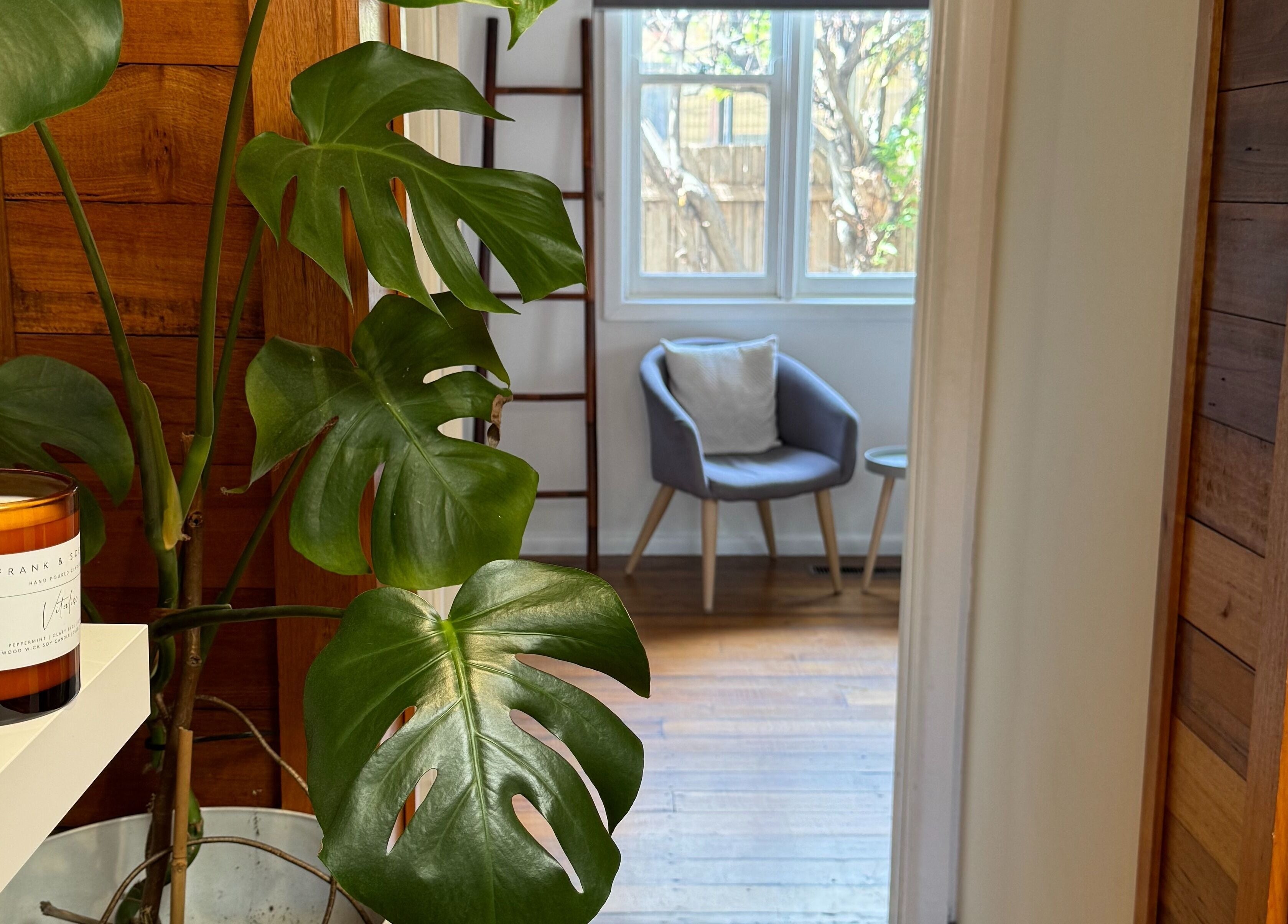 Tranquil room with plant and candles at Balanced Beauty in Melbourne, Victoria, AU.