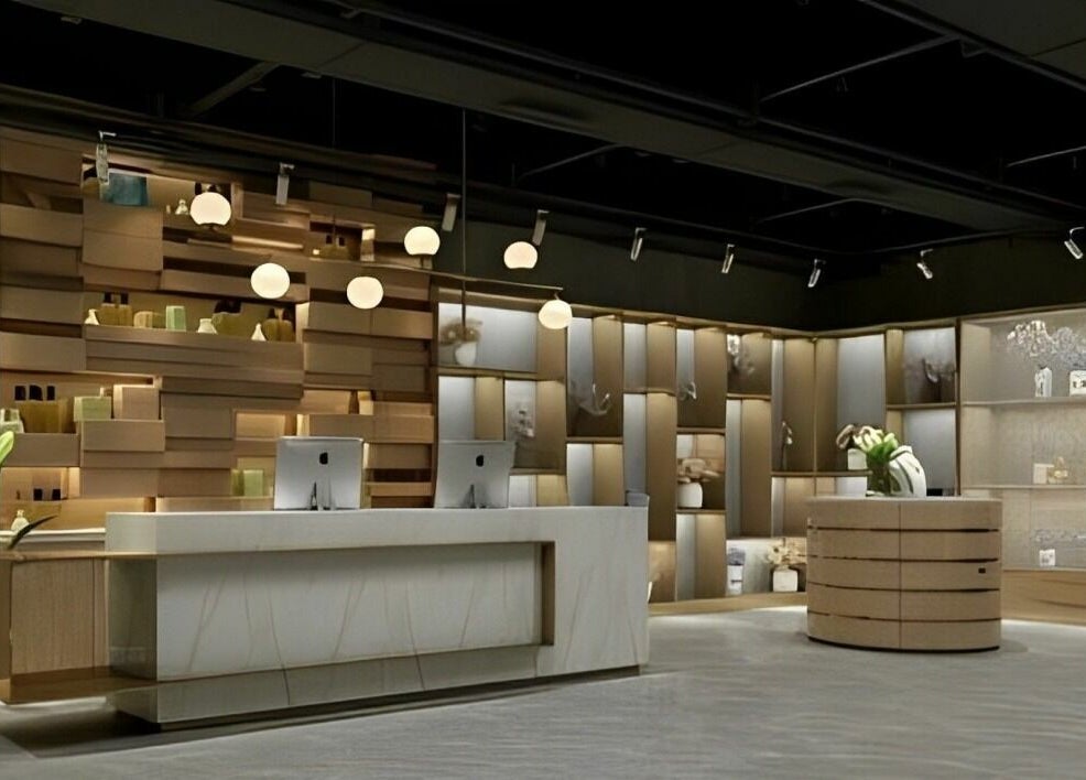 Stylish reception area of Mophead Bridgeport in Richmond, British Columbia, CA, featuring modern decor.