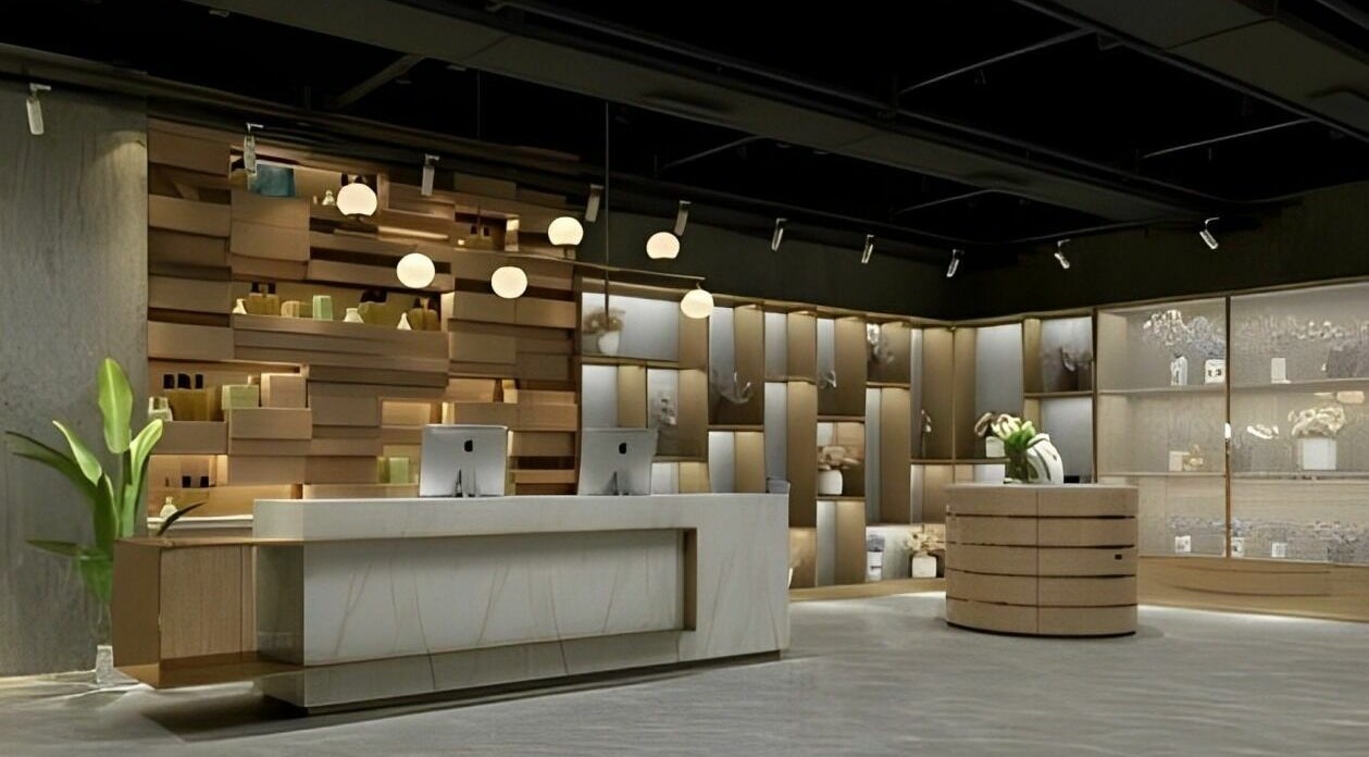 Stylish reception area of Mophead Bridgeport in Richmond, British Columbia, CA, featuring modern decor.