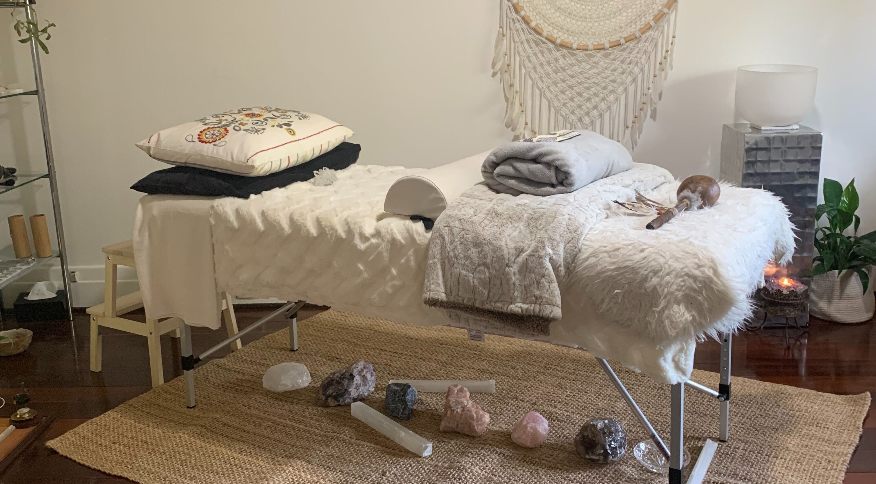 Calming massage setup with crystals at The Peace Practice, Perth, Western Australia, AU.