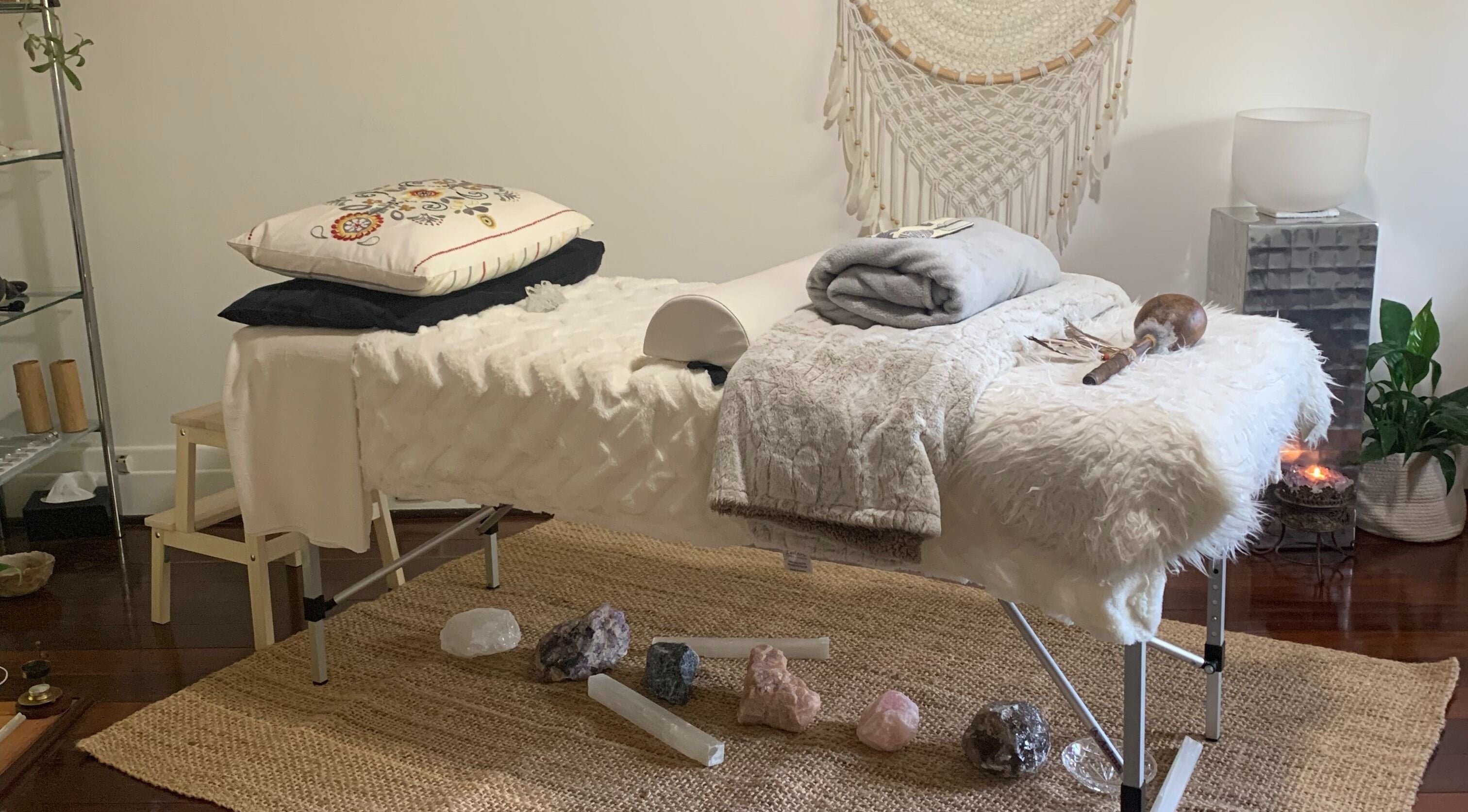 Calming massage setup with crystals at The Peace Practice, Perth, Western Australia, AU.