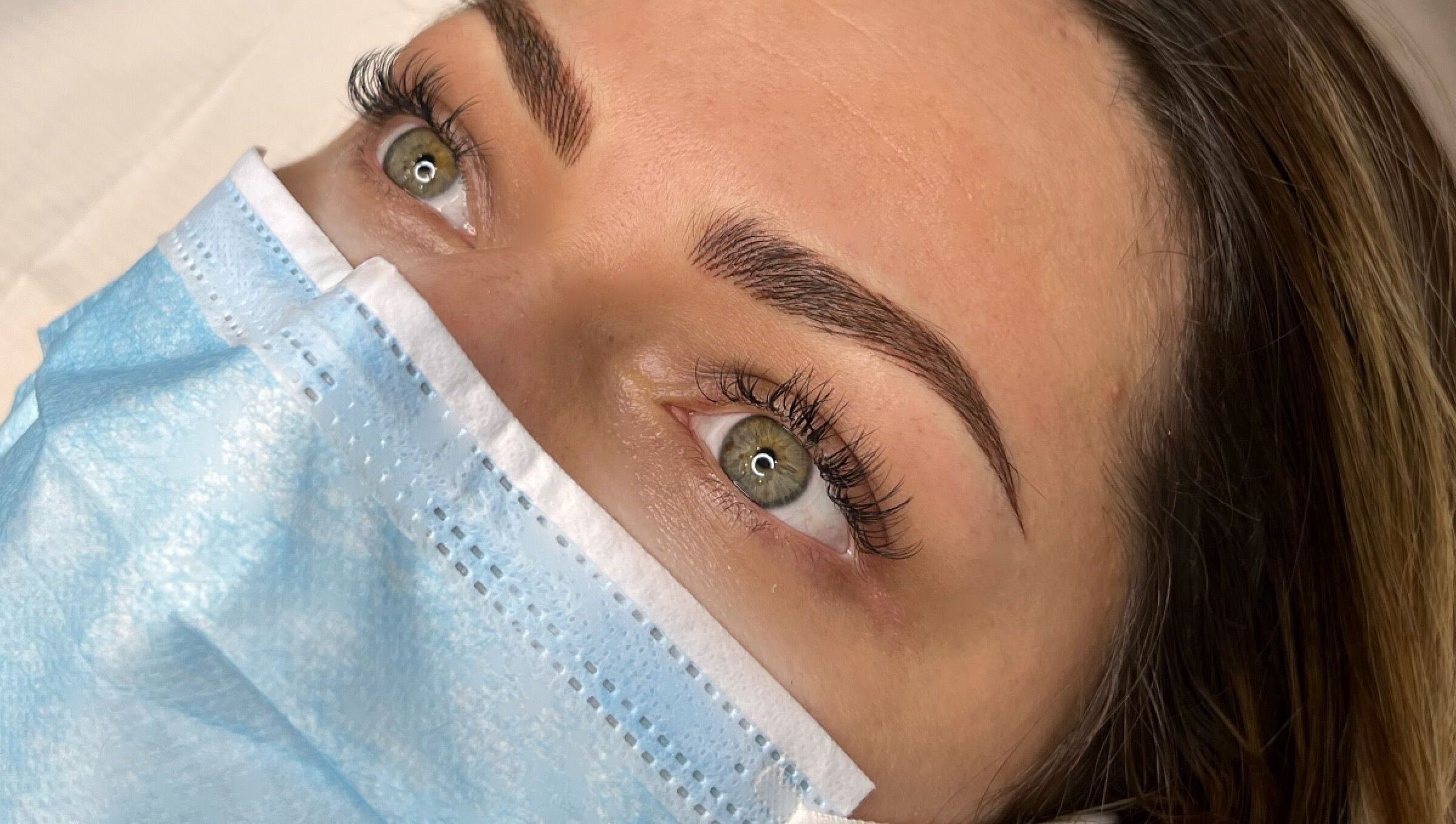 Close-up of styled eyelashes and brows at Beauty Land, Bracknell, England, GB.