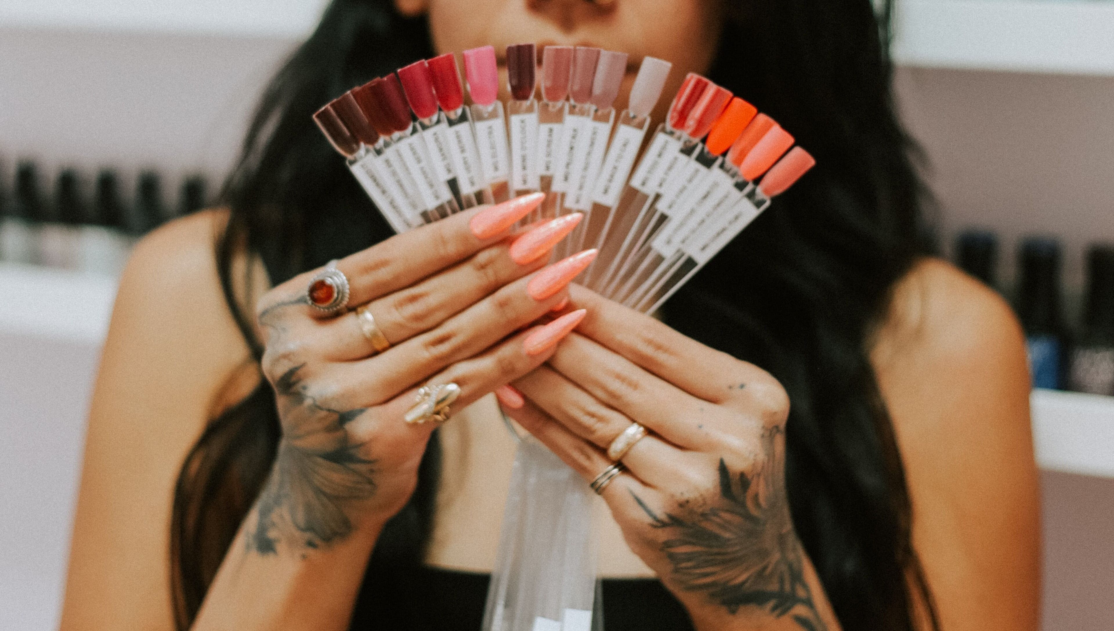 Diverse nail colors on display at So Nailz, Draper, Utah, US.