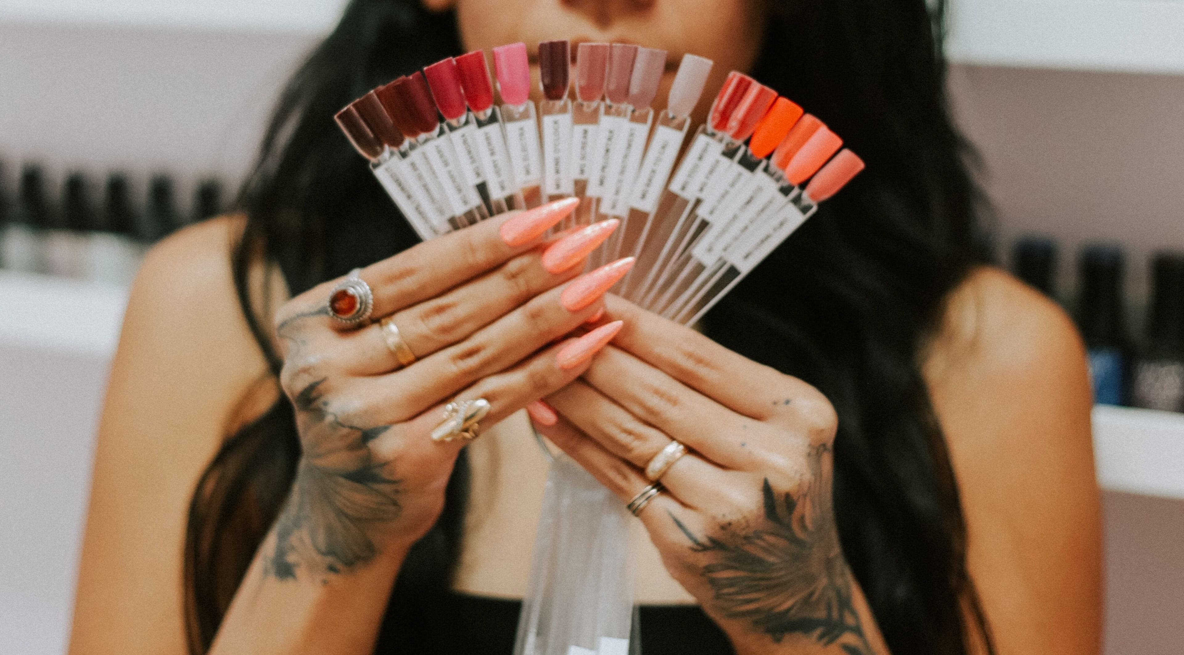 Diverse nail colors on display at So Nailz, Draper, Utah, US.