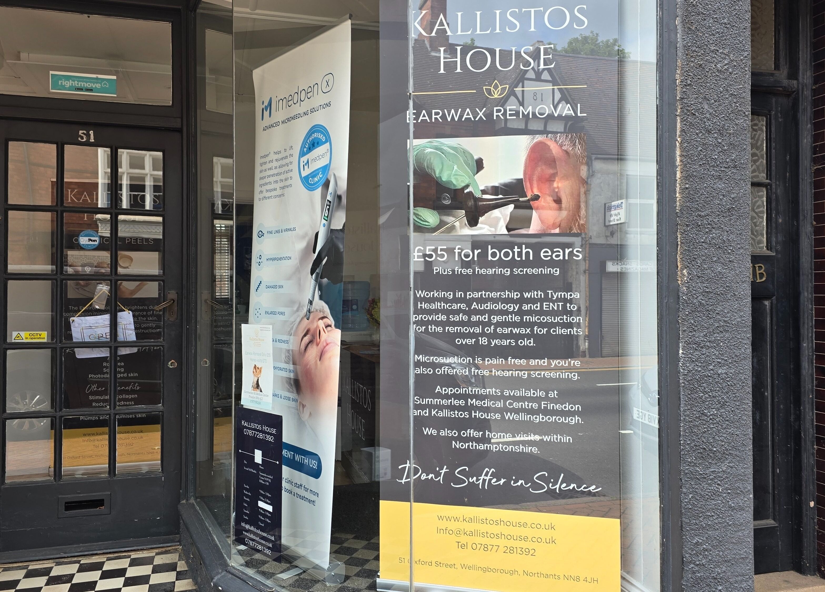 Front window display of Jane Smith Beauty in Wellingborough, England showcasing earwax removal services.