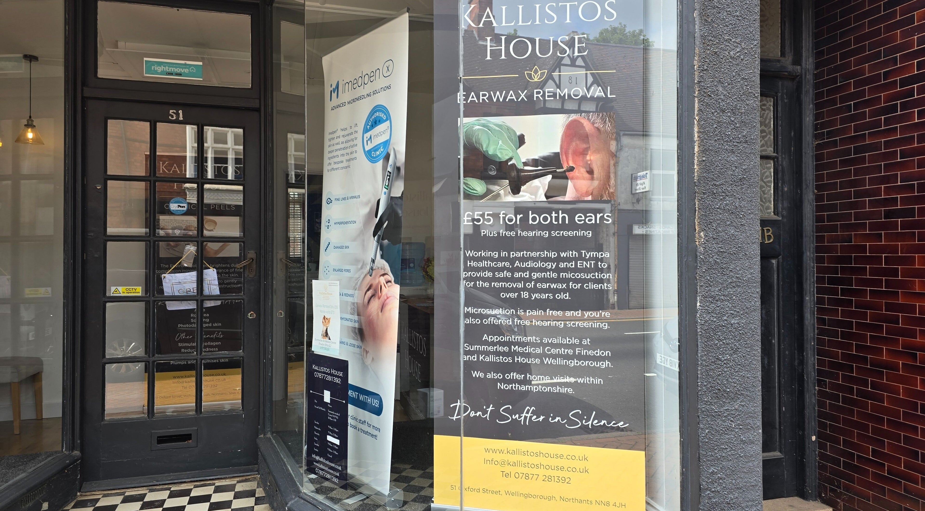 Front window display of Jane Smith Beauty in Wellingborough, England showcasing earwax removal services.