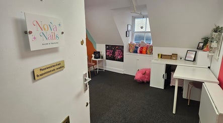 Entrance to Nova Nails in Glasgow, Scotland, GB shows a cozy, vibrant interior inviting for relaxation.