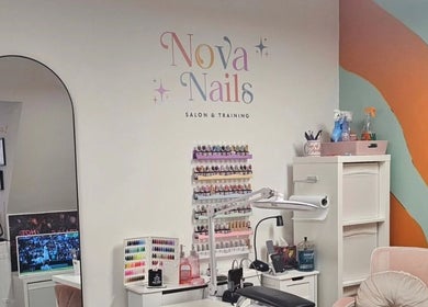 Nova Nails salon interior, showcasing colorful nail polish displays in Glasgow, Scotland, GB.
