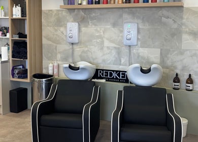 Shampoo chairs and products at Kalon Hair Studio, Edinburgh, Scotland, GB.