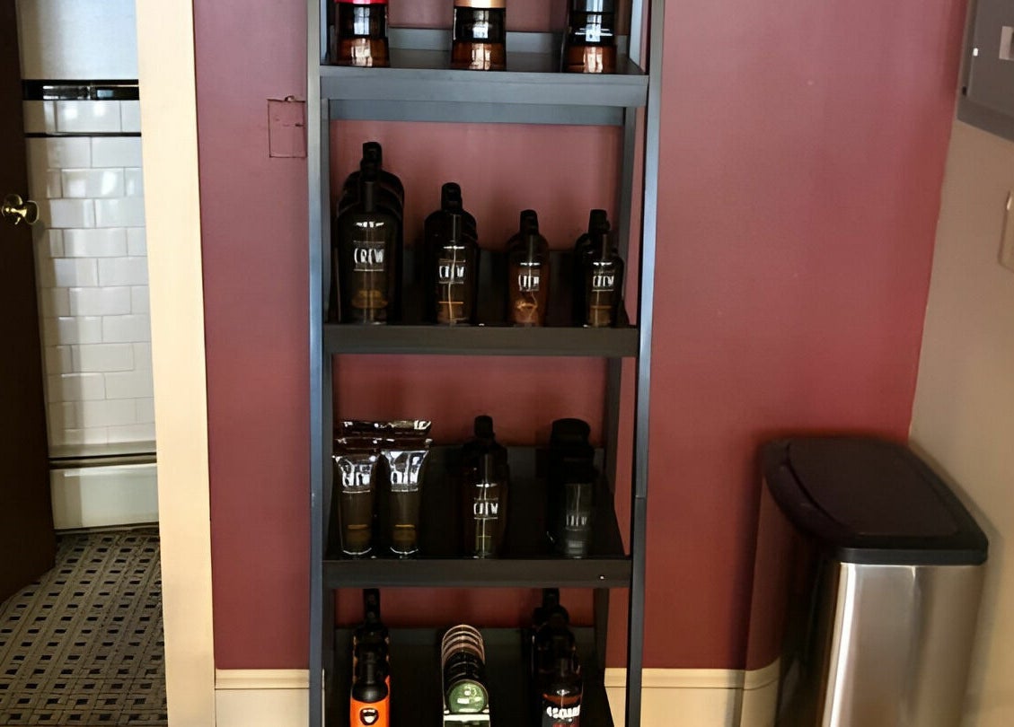 Elegant display of grooming products at Groom Barbershop, Easthampton, Massachusetts, US.