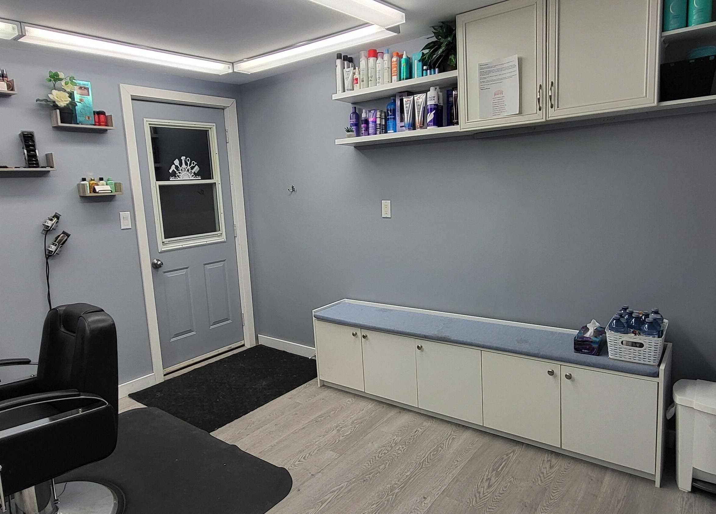 Bright, modern salon interior at Tiffany's Home Salon in Ste-Geneviève, Manitoba, CA.