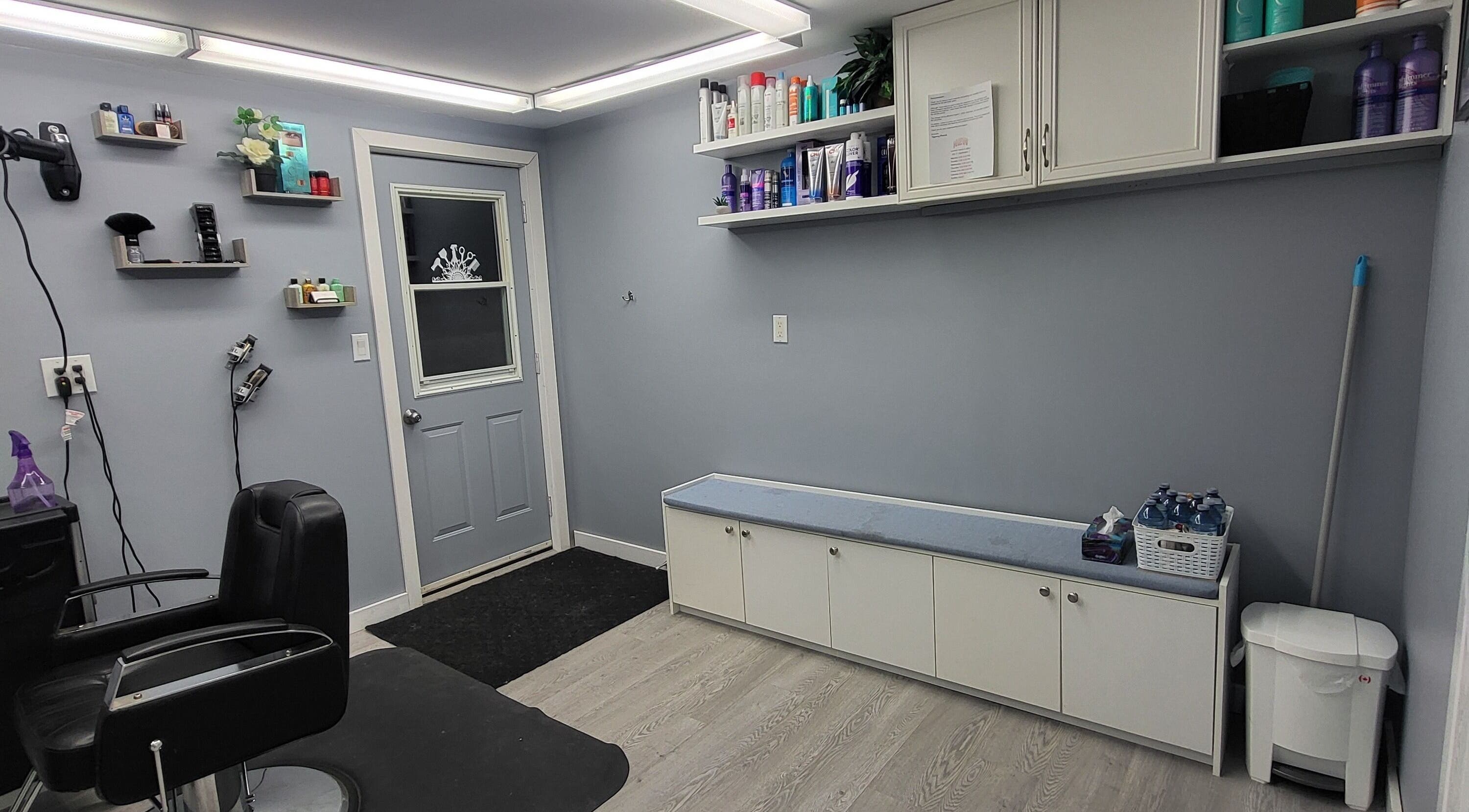 Bright, modern salon interior at Tiffany's Home Salon in Ste-Geneviève, Manitoba, CA.