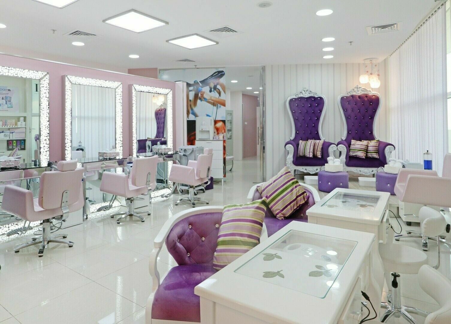 Interior of Cleopatra Beauty Salon & Spa in Dubai, Dubai, AE, featuring elegant styling chairs and plush seating.