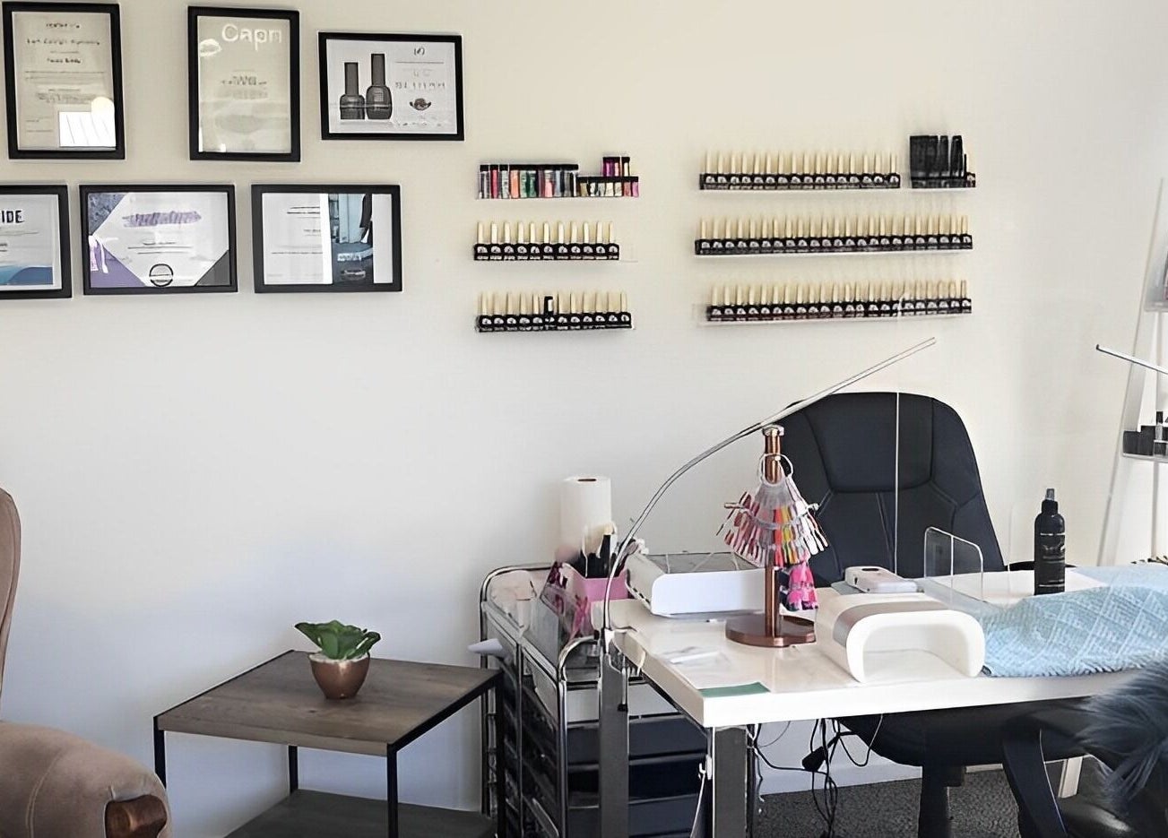 Modern nail art station at Floresence Nail Studio, Masterton, Wellington Region, NZ with certificates on the wall.