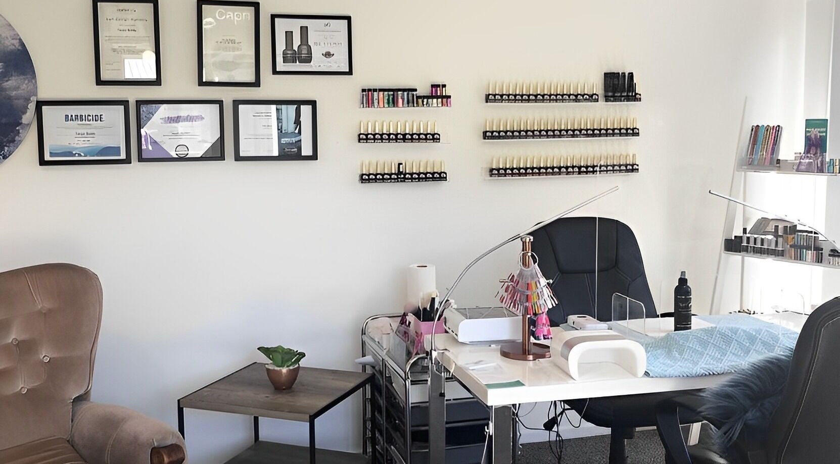 Modern nail art station at Floresence Nail Studio, Masterton, Wellington Region, NZ with certificates on the wall.