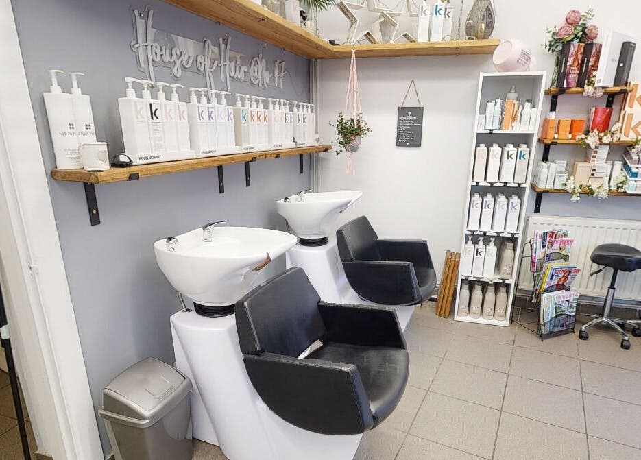 Chic hair wash stations at House of Hair in Somerton, England, GB, featuring premium products and modern design.