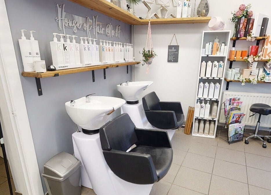 Chic hair wash stations at House of Hair in Somerton, England, GB, featuring premium products and modern design.