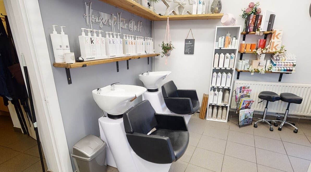 Chic hair wash stations at House of Hair in Somerton, England, GB, featuring premium products and modern design.