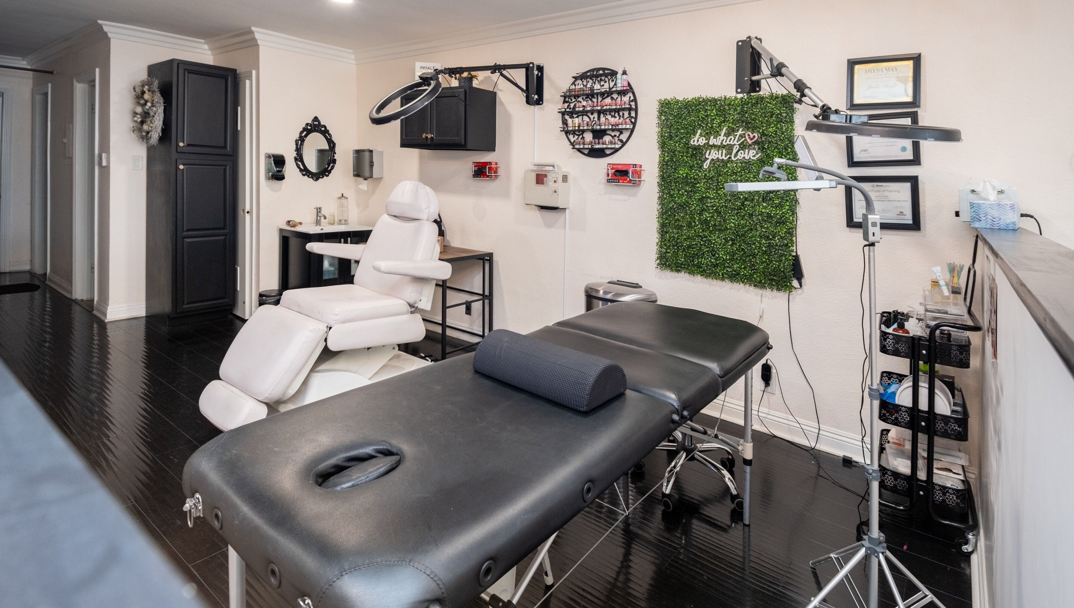 Interior of Bright Esthetics in Yucaipa, California, US featuring modern treatment tables and elegant decor.