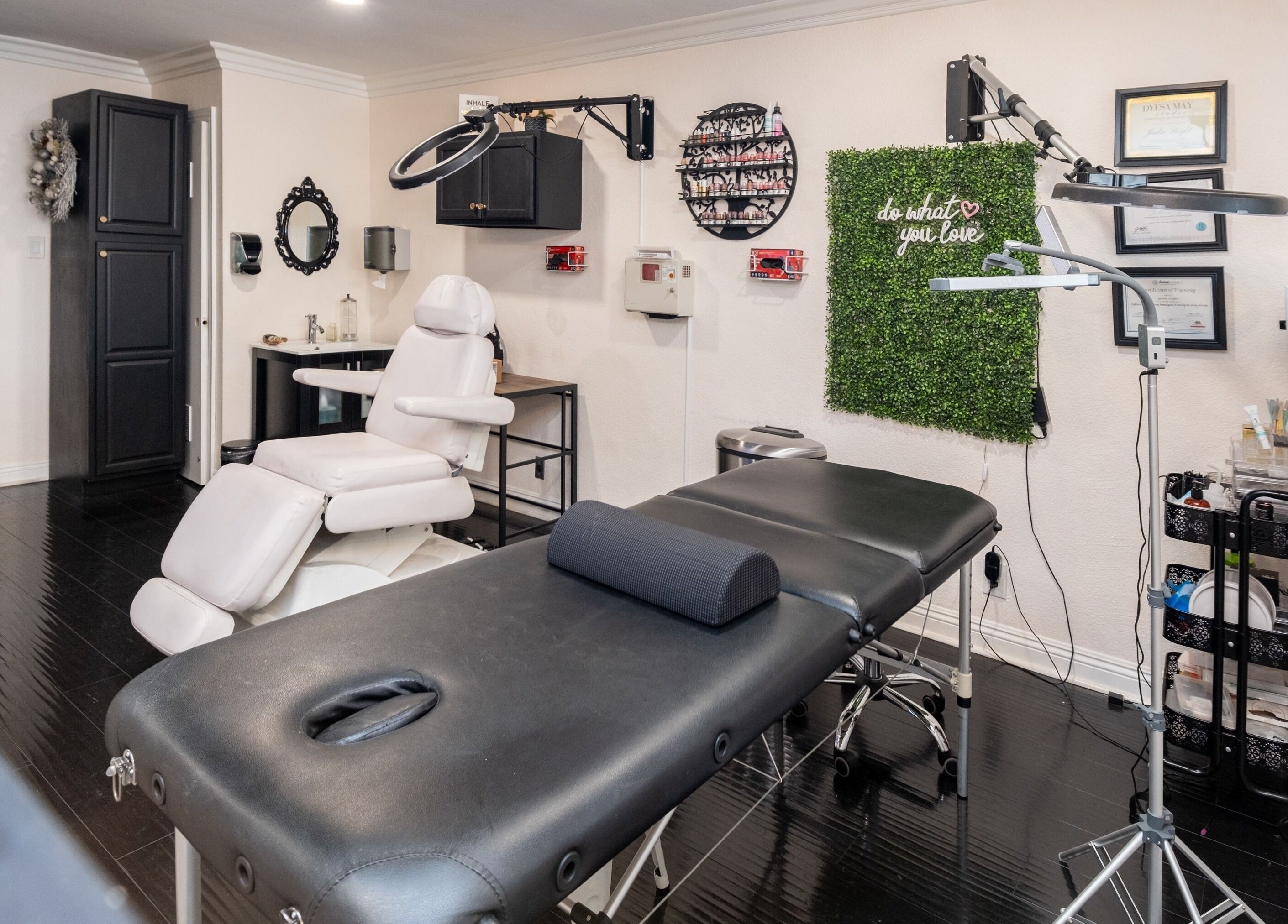 Interior of Bright Esthetics in Yucaipa, California, US featuring modern treatment tables and elegant decor.